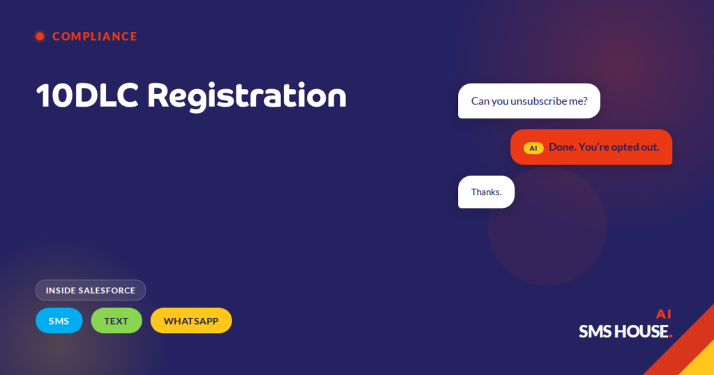 Salesforce admin setup for 10DLC brand and campaign registration supporting SMS, text and WhatsApp messaging