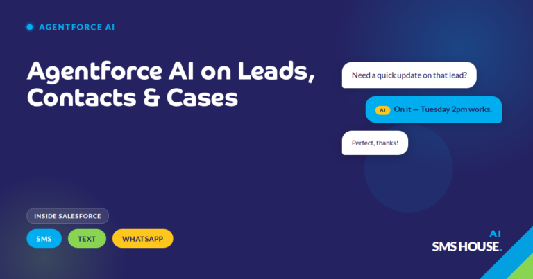Agentforce AI agent linking an inbound WhatsApp message to the matching Salesforce Lead, Contact and Case record