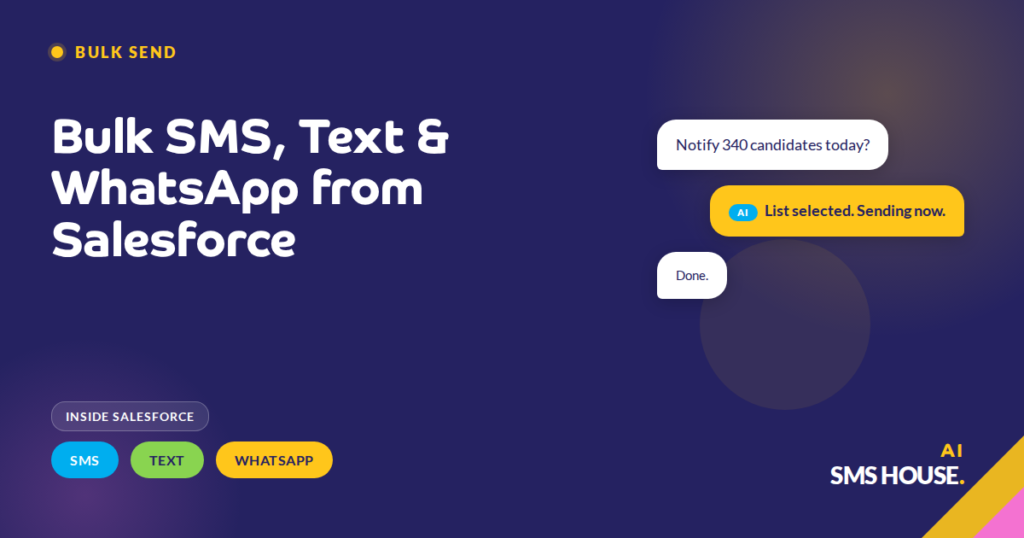 Salesforce List View with bulk Send Message action selected for SMS, text and WhatsApp broadcast