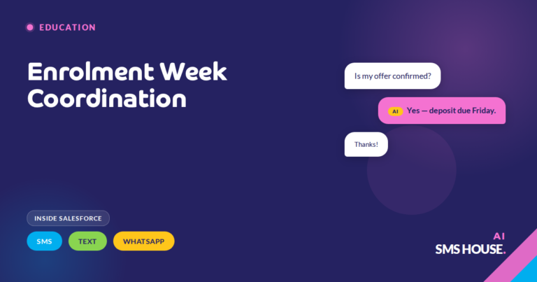 University enrolment week Salesforce dashboard sending timetable, accommodation and orientation SMS, text and WhatsApp messages