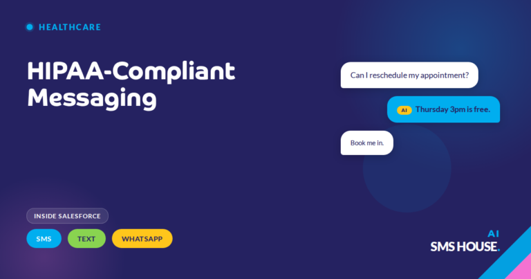 Salesforce healthcare messaging admin panel with HIPAA opt-in, audit trail and minimum-necessary controls for SMS, text and WhatsApp