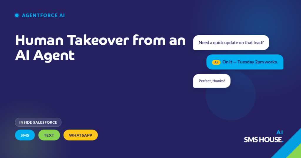 Salesforce user taking over a WhatsApp conversation from an Agentforce AI agent with full message history visible