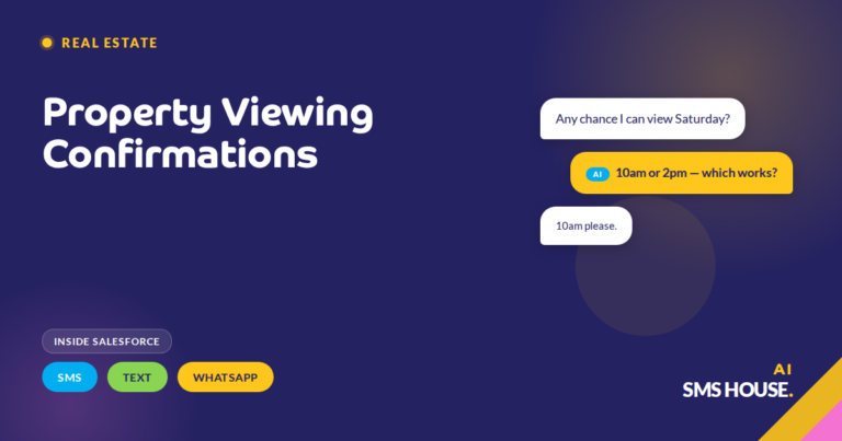 Salesforce property viewing appointment with automated SMS, text and WhatsApp confirmation and reminder sequence