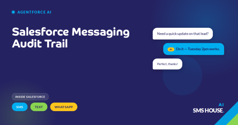 Salesforce audit log showing SMS, text and WhatsApp messages stamped with sender, AI agent, timestamp and delivery status